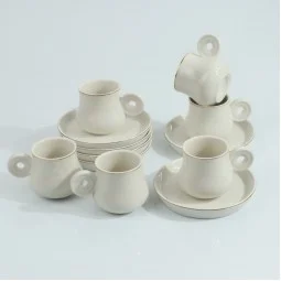 Turkish ceramic coffee cup set - white with gold lines - 12 pieces