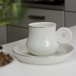 Turkish ceramic coffee cup set - white with gold lines - 12 pieces
