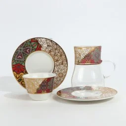 طقم شاي وقهوة - 36 قطعة - فخم بزخارف ملونه و تصميم فاخر بخطوط ذهبية - 2SS1-T01-078