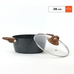 Granite saucepan with wooden handle and glass lid, black color - 28 cm size 2S1A400193