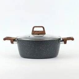 Granite saucepan with wooden handle and glass lid, black color - 28 cm size 2S1A400193