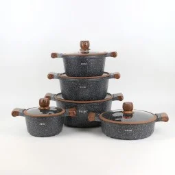 Granite cookware set with wooden design, black color - 10 pieces