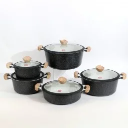 Luxury Granite Cookware Set with Glass Lid and Wooden Handles - 10 Pieces