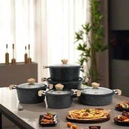 Luxury Granite Cookware Set with Glass Lid and Wooden Handles - 10 Pieces