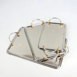 Serving tray set with metal frame and gold handles, 3 sizes