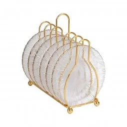 طقم صحون حلا زجاج 6 قطعة مع استاند معدن ذهبي - 2SS3-920