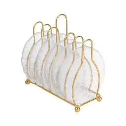 A set of 6-piece glass dessert plates with a gold metal stand - 2SS3-931