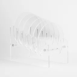 A set of 6 transparent cup coasters with a transparent stand