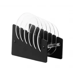 A set of 6 transparent cup coasters with a black stand