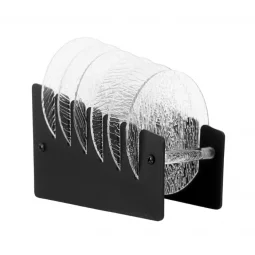 A set of 6 ice cup coasters with a black stand
