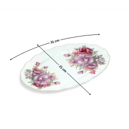 Pink Floral Patterned Plate - Oval - 31 x 21 cm