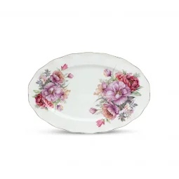 Pink Floral Patterned Plate - Oval - 31 x 21 cm