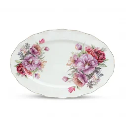 Pink Floral Patterned Plate - Oval - 36 x 25 cm