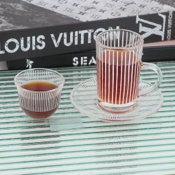 Transparent coffee and tea cup set with white stripes - 36 pieces