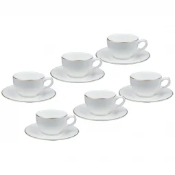 Ceramic Cappuccino Cup Set - White with Gold Lines - 12 Pieces