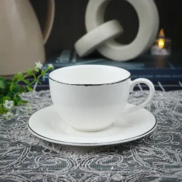 Ceramic Cappuccino Cup Set - White with Silver Lines - 12 Pieces